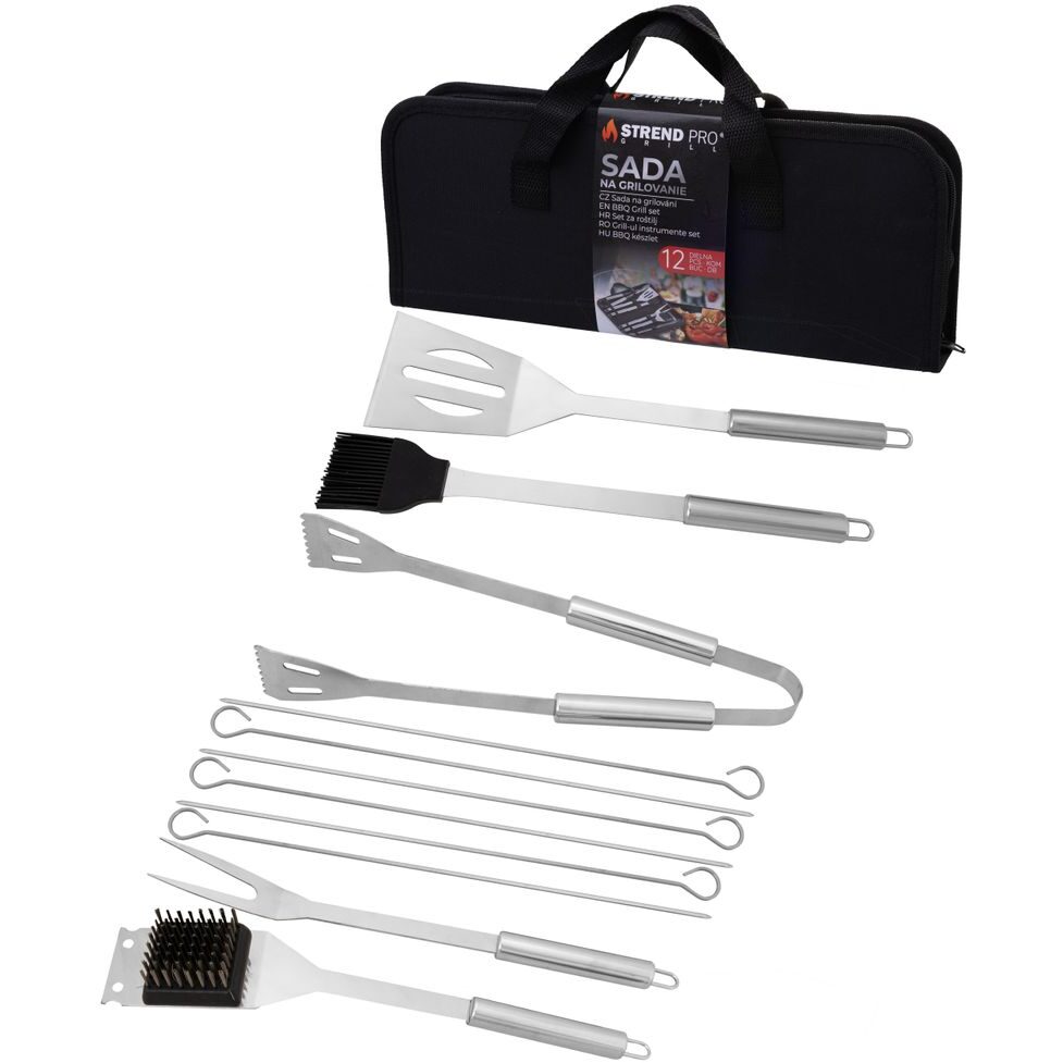 Ustensile pentru barbecue, grill, gratar, inox, cu geanta, set 12 piese, Strend Pro Grill