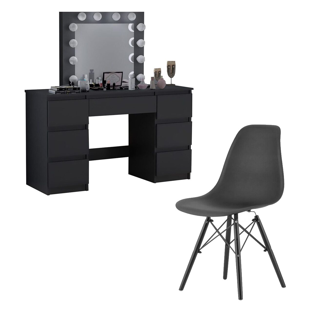 machiaj + scaun stil scandinav, Artool, Vanessa, negru, cu oglinda si LED-uri, 130x43x143 cm