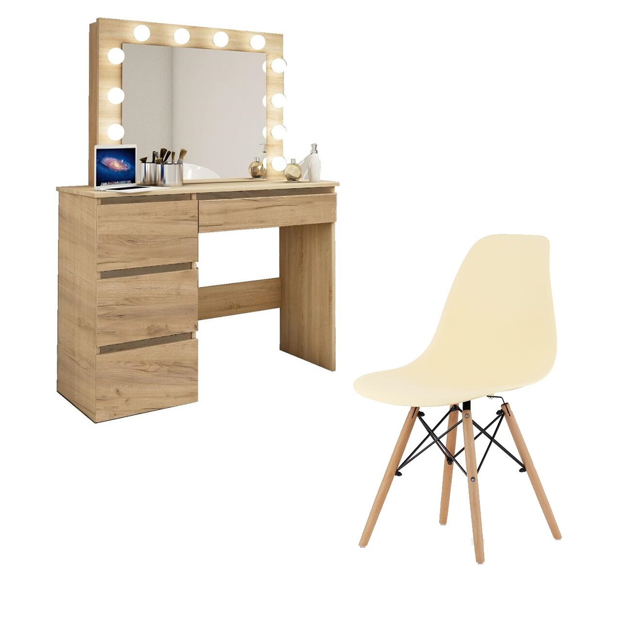 machiaj + Scaun stil scandinav, Artool, stejar wotan, cu oglinda si LED-uri, 94x43x141 cm