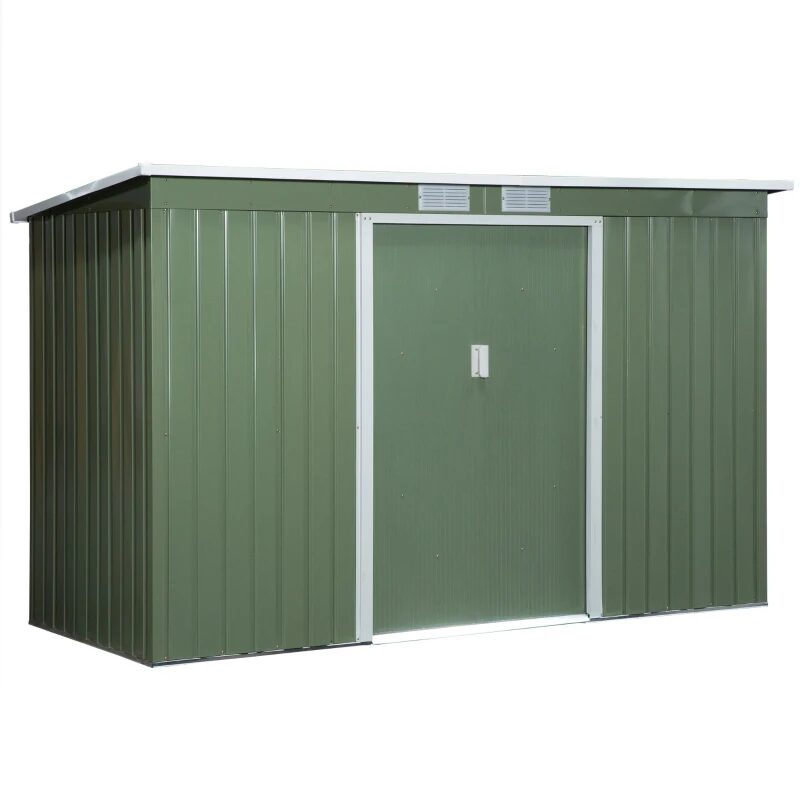 Casuta/magazie/sopron de gradina pentru depozitare unelte, otel si PP, verde, 280x130x172 cm