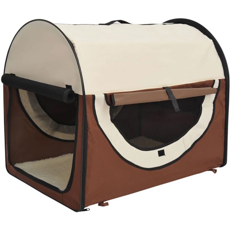Geanta pentru transport caine/pisica, maro si bej, material Oxford, PVC, impermeabila, pliabila, marimea S-M, 70x51x59 cm