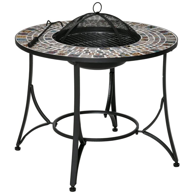 vatra de foc exterior, 3 in 1, masuta de gradina si gratar pentru barbecue, metal si ceramica, cu accesorii, 75x60 cm