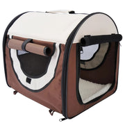 Geanta pentru transport caine/pisica, maro si bej, material Oxford, PVC, impermeabila, pliabila, marimea S-M, 61x46x51 cm