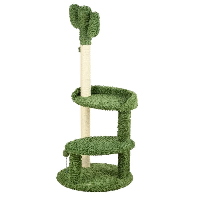 Ansamblu de joaca pentru pisici, model cactus, cu platforme si ciucuri, verde si bej, 39x111 cm