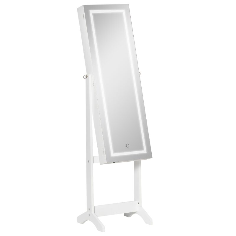 Cabinet bijuterii cu oglinda si iluminare LED, MDF, raft interior, alb, 46x36.5x151.5 cm