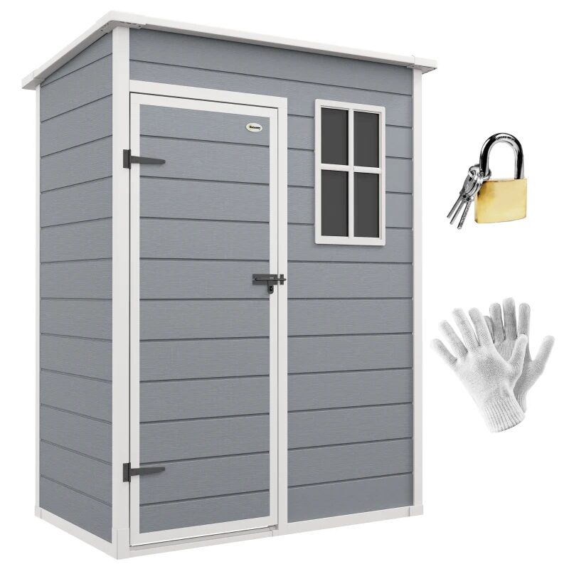Casuta/magazie de gradina pentru depozitare unelte, aluminiu si PP, cu manusi, lacat si chei, gri, 151x92x193 cm
