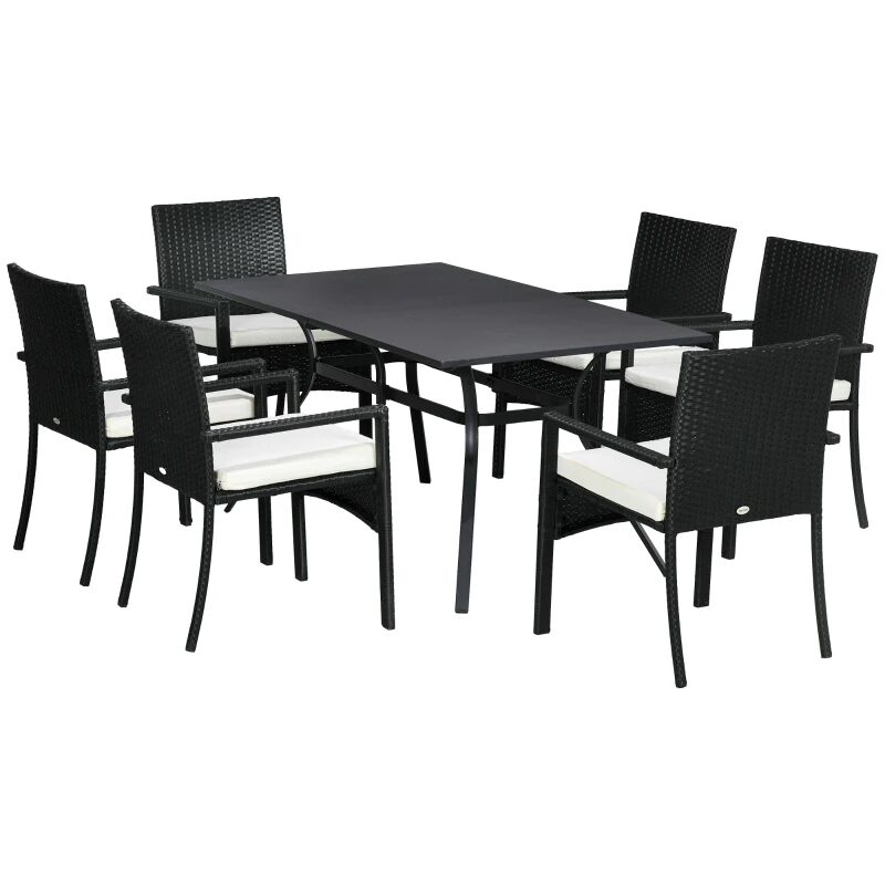 Set mobilier gradina/terasa, negru si bej, ratan sintetic, 1 masa, 6 scaune, Lynna