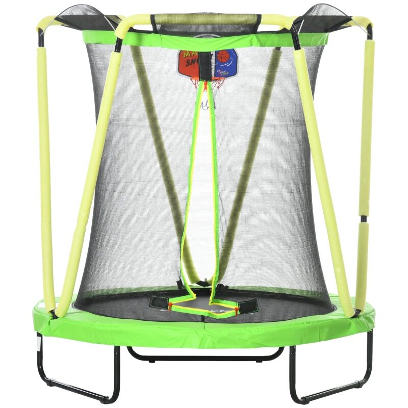 Trambulina copii 3-10 ani, 140x155 cm, cu plasa protectie, cos de baschet, 20 bile colorate, verde si galben, max 50 kg