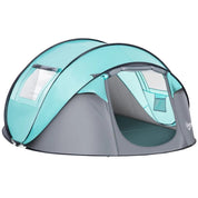 Cort camping, 4 persoane, impermeabil, tip igloo, cu 2 ferestre, 2 intrari, husa, deschidere automata, albastru deschis si gri, 286x209x122 cm