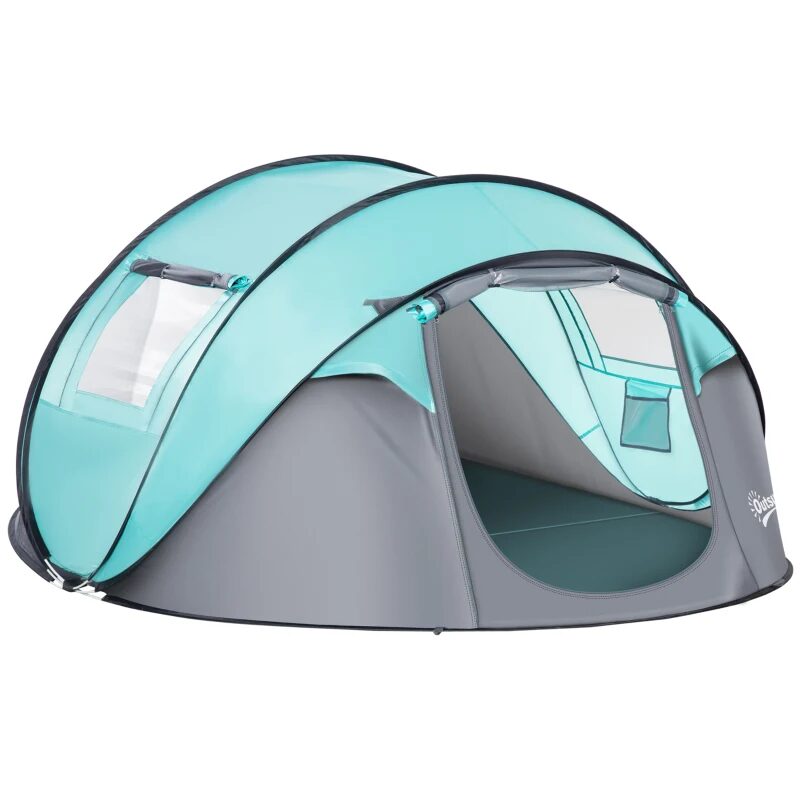 Cort camping, 4 persoane, impermeabil, tip igloo, cu 2 ferestre, 2 intrari, husa, deschidere automata, albastru deschis si gri, 286x209x122 cm