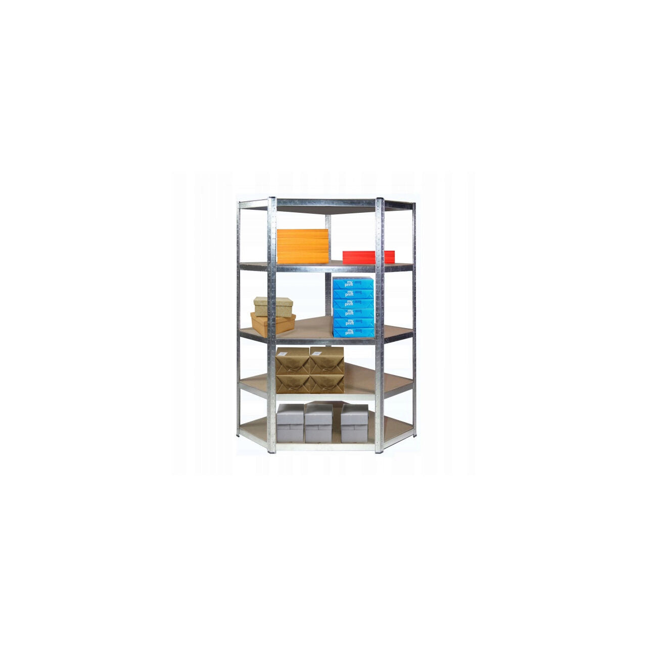Tárolópolc, sarok, fém, MDF, 5 polc, 175 kg, 90x30x180 cm