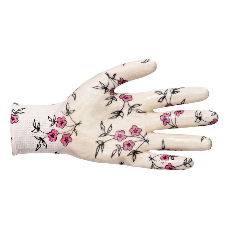 Manusi gradina nitril si poliester, model floral alb, BEOROL