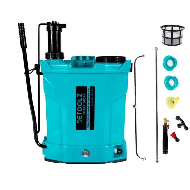 Pulverizator gradina, pompa de stropit, Detoolz, 2 in 1, vermorel, manual si electric, pentru spate, cu acumulator 8 Ah, accesorii, 16 L