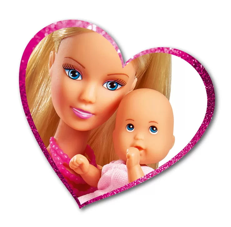 Papusa steffi in rochita roz si cu carucior bebe