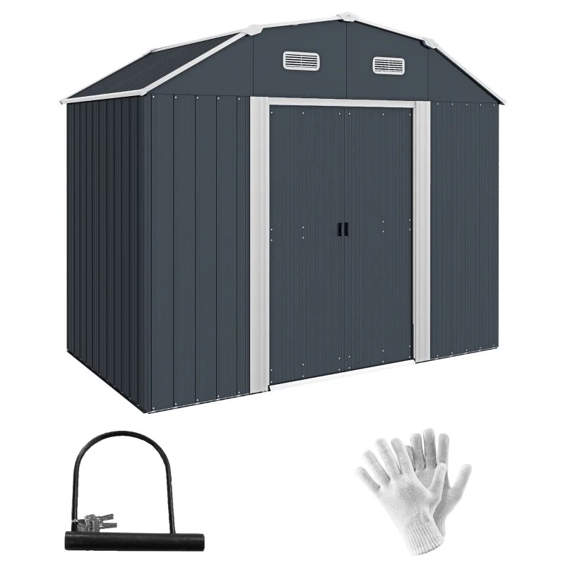 Casuta/magazie/sopron de gradina pentru depozitare unelte, cu structura baza inclusa, otel , cu manusi, lacat si chei, gri inchis, 238x132x198.5 cm