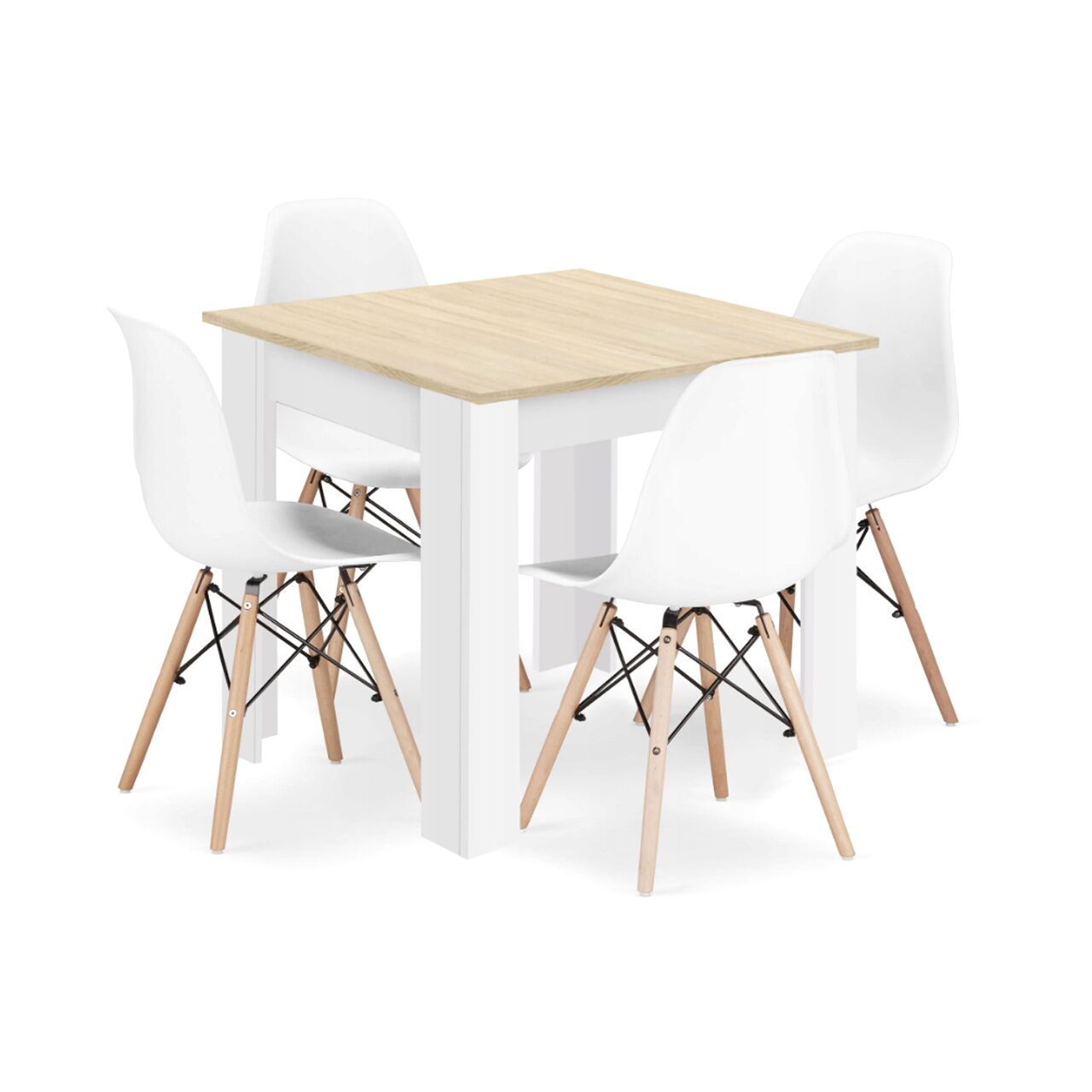 Set masa pentru sufragerie/living + 4 scaune Osaka alb, Artool, lemn, stejar sonoma si alb, 80x80x75 cm