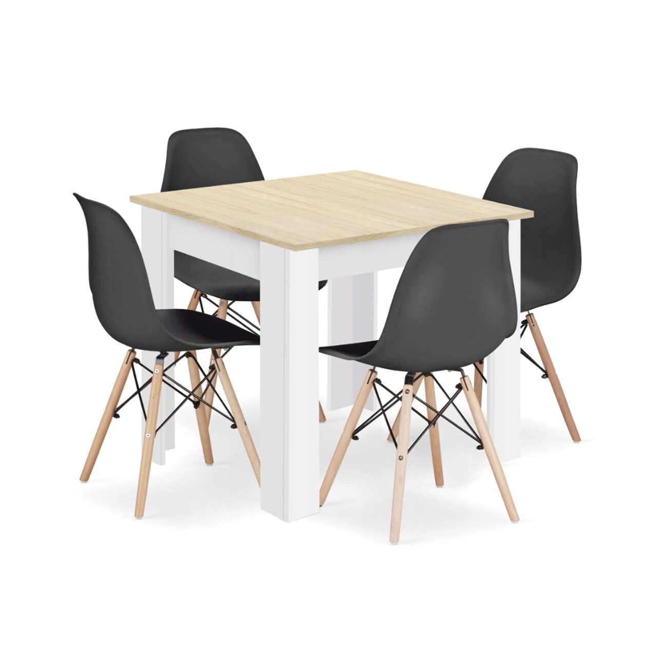 Set masa pentru sufragerie/living + 4 scaune Osaka negru, Artool, lemn, stejar sonoma si alb, 80x80x75 cm