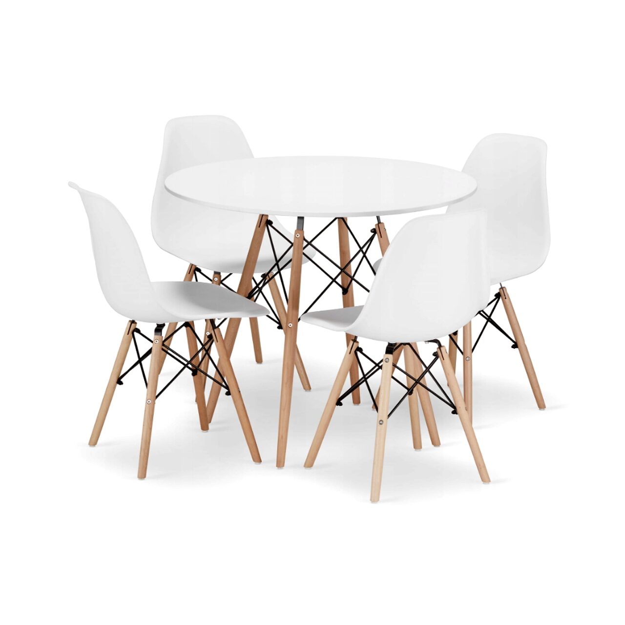 Set masa rotunda stil scandinav + 4 scaune Osaka alb, Artool, MDF si lemn, 90x72 cm