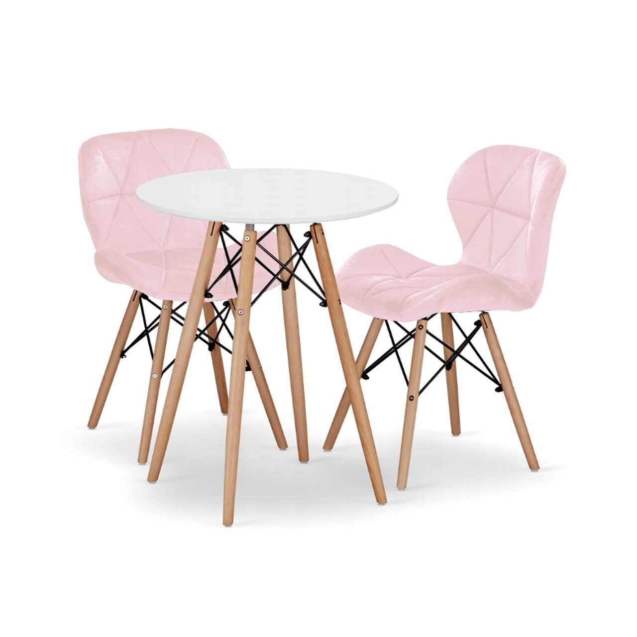 Set masa rotunda stil scandinav + 2 scaune Lago catifea, Artool, MDF si lemn, alb si roz, 60x72 cm