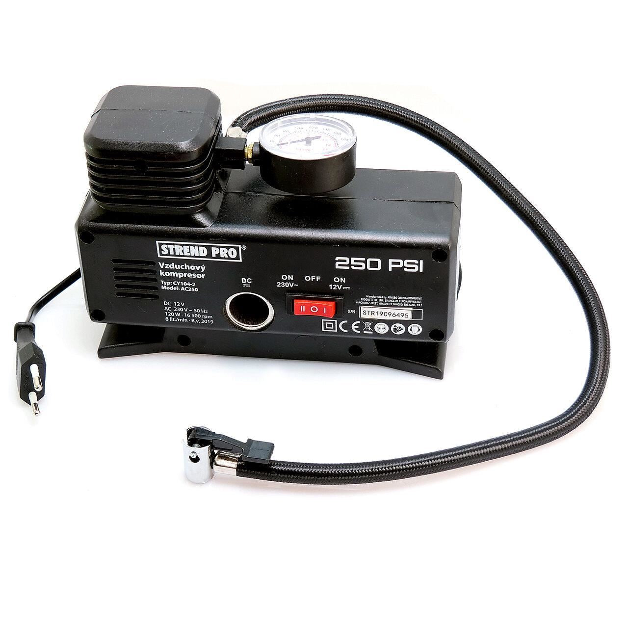Autós légkompresszor 230V / 12V 250PSI nyomásmérővel, Strend Pro