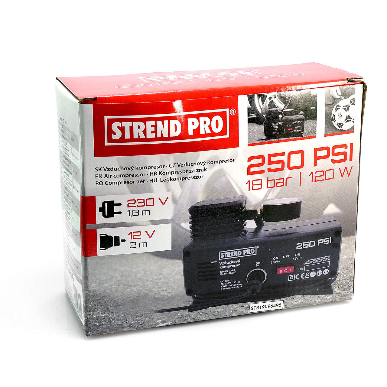 Autós légkompresszor 230V / 12V 250PSI nyomásmérővel, Strend Pro