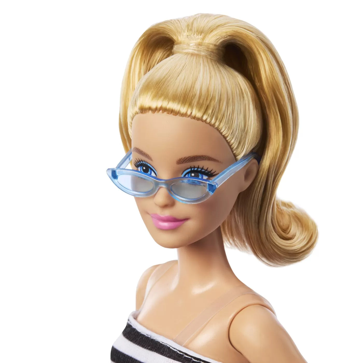 Papusa barbie fashionista blonda cu parul prin in coada si fusta roz