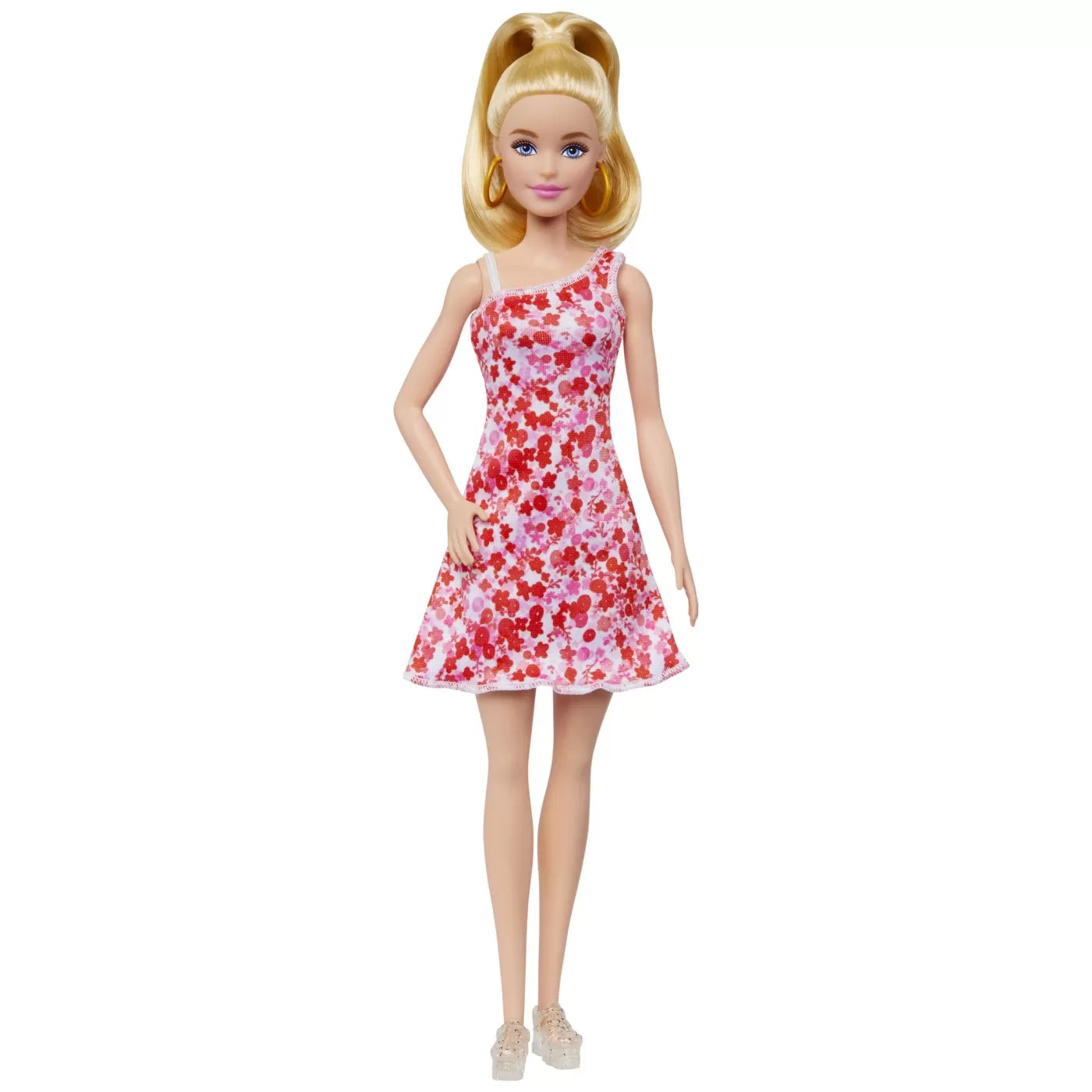 Barbie papusa barbie fashionista blonda cu parul prins in coada si rochie cu floricele