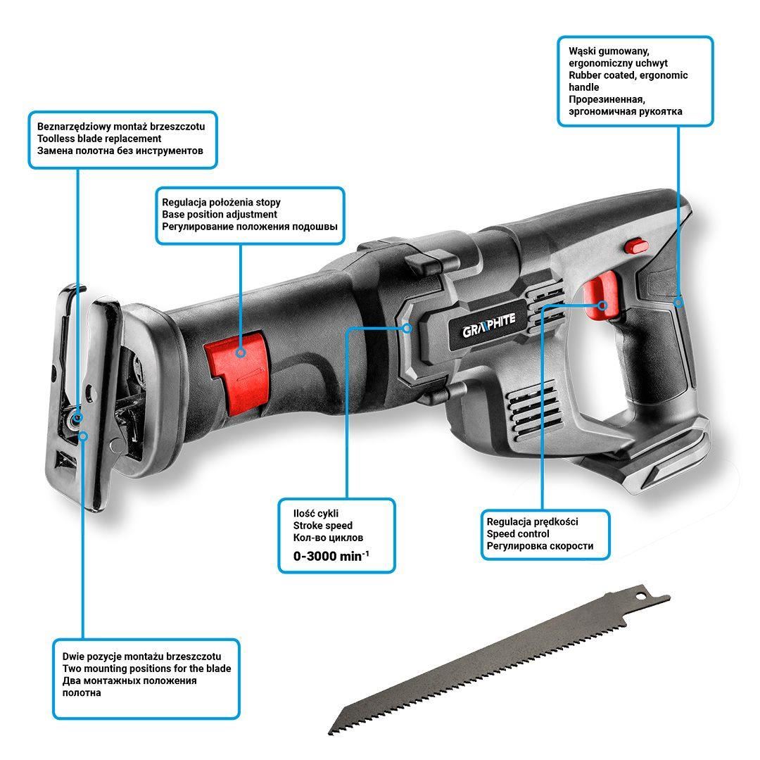 Fierastrau tip sabie cu acumulator 2 Ah, incarcator 18 V Li-ion, Graphite Energy
