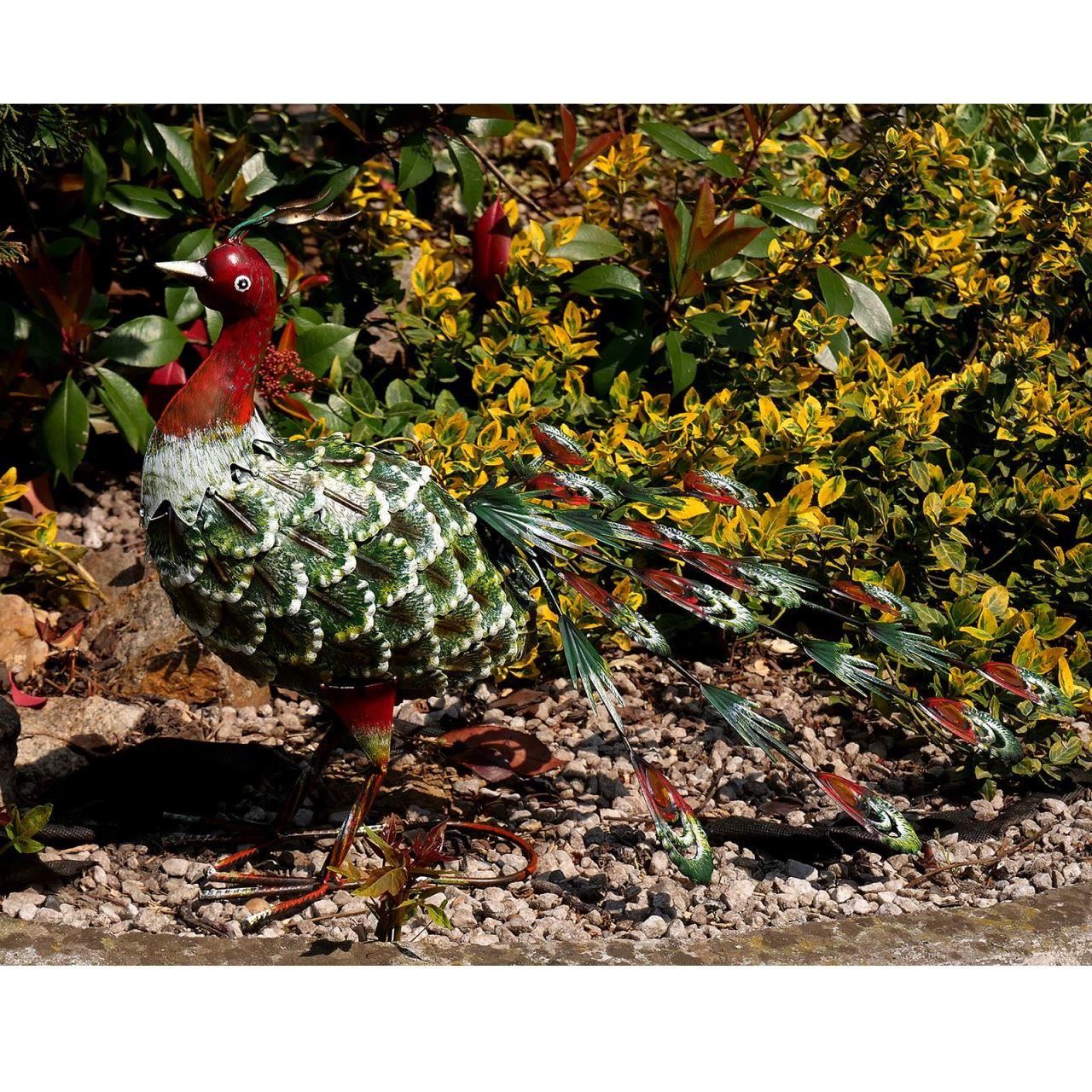 Kerti dekoráció, fém, zöld páva, 23x62x43 cm