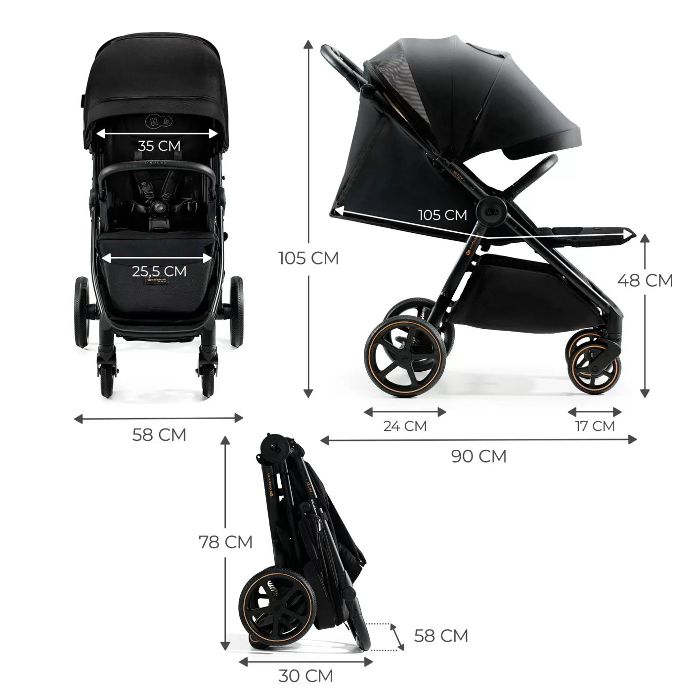 Carucior sport, ultra compact, kinderkraft mitzy, 0-22 kg, black ink