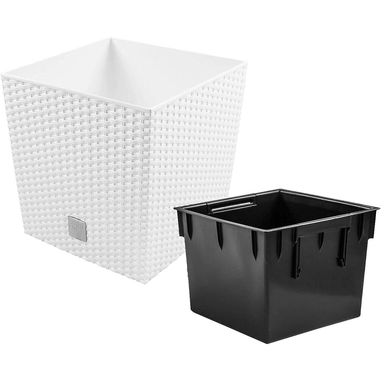 Virágcserép, Prosperplast, Rato Low, négyzet alakú, rattan utánzat, fehér, 22,3x22,3x22,8 cm