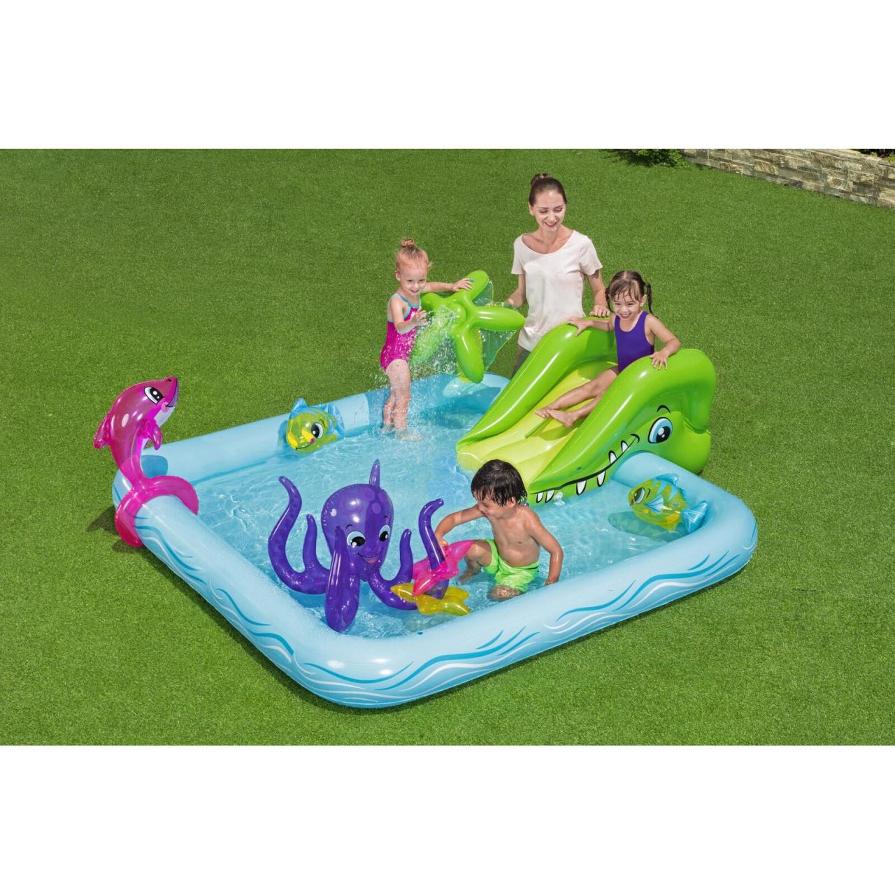 Piscina gonflabila pentru copii, de joaca, cu tobogan, 239x206x86 cm, Bestway Fantastic Aquarium