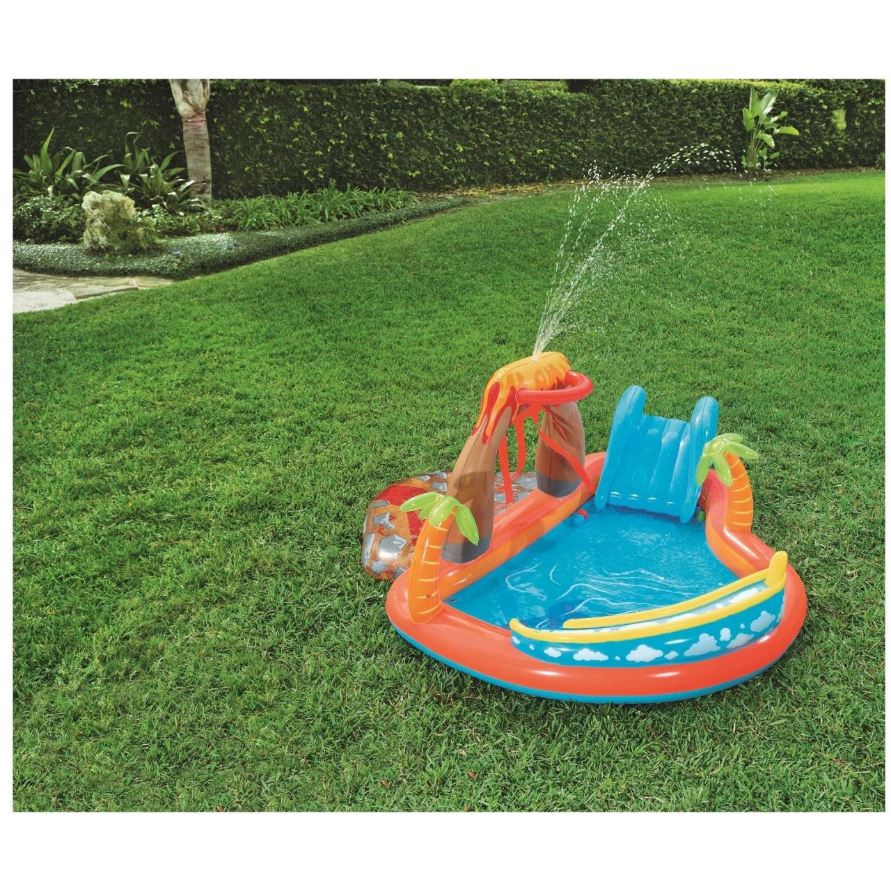 Piscina gonflabila pentru copii, de joaca, cu tobogan, 265x265x104 cm, Bestway Laguna Lava