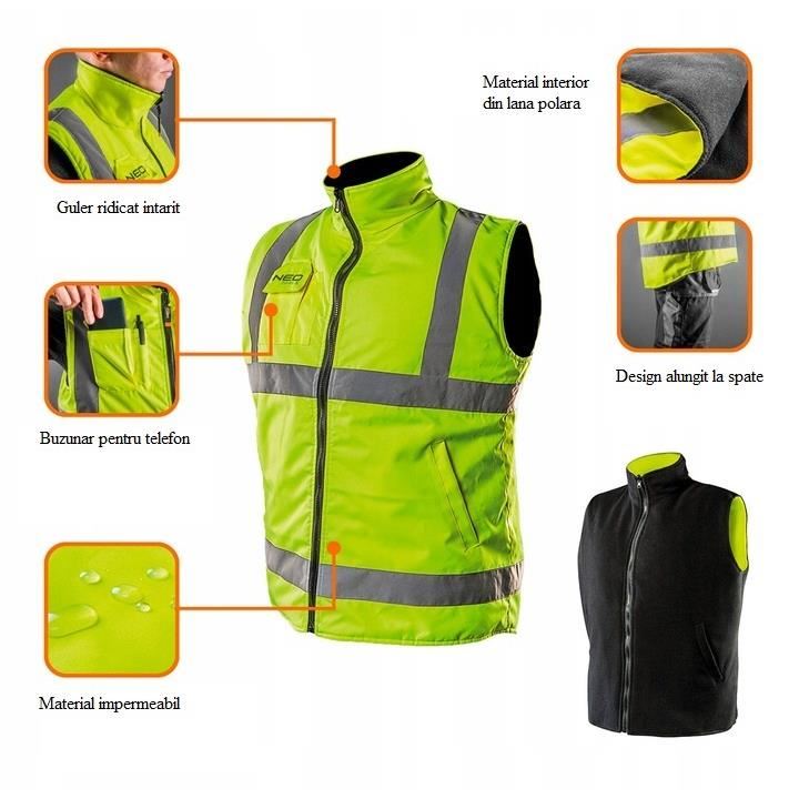 Kétoldalas fényvisszaverő munkamellény, sárga/fekete, XXL/58. sz., Neo Tools, 81-520-XXL