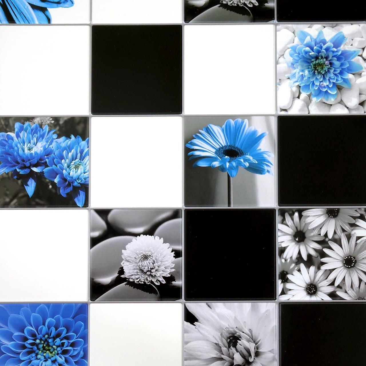 Dekoratív panel, PVC, virágmintás, fehér, fekete és kék, 96x48,5 cm