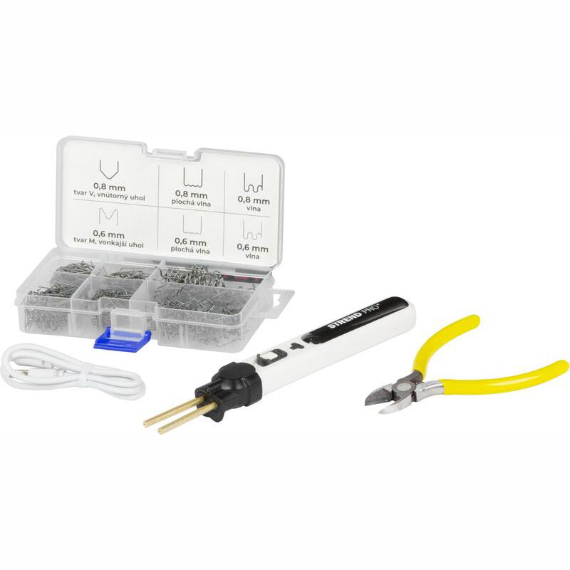 Aparat de lipit/sudat plastic, Strend Pro, cu trusa capse, cleste si geanta, incarcare USB, 2000 mAh