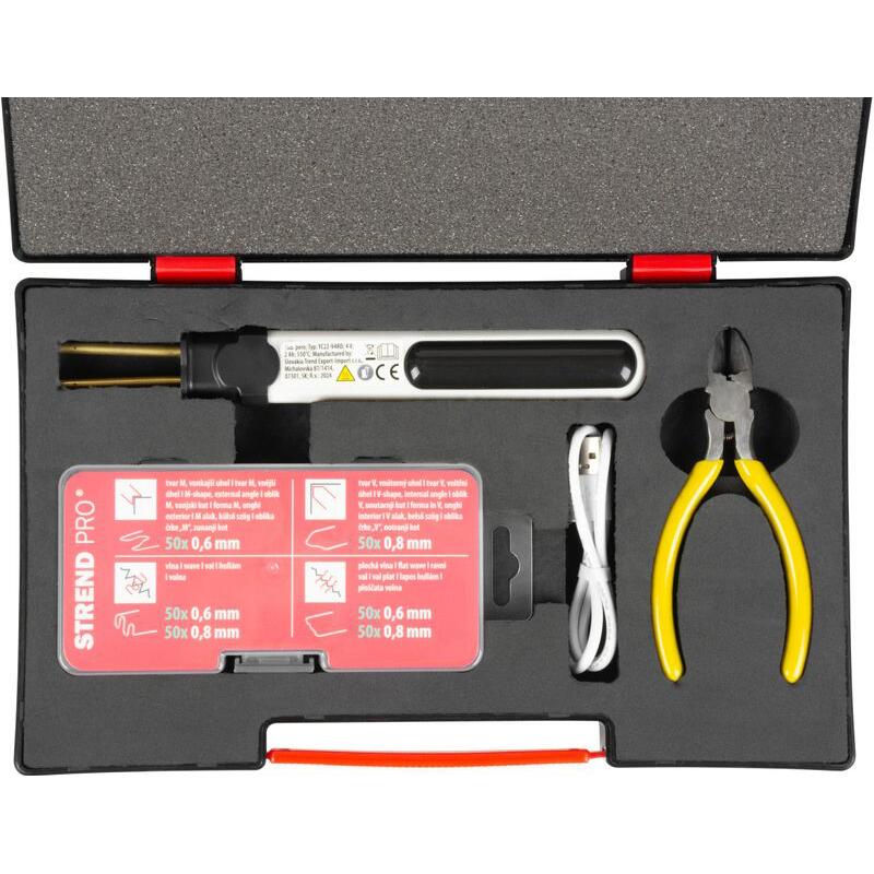 Aparat de lipit/sudat plastic, Strend Pro, cu trusa capse, cleste si geanta, incarcare USB, 2000 mAh