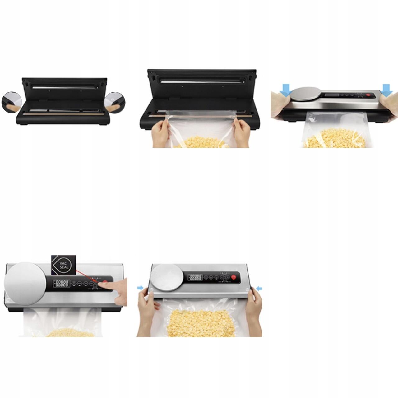 Záró- és vákuumozó gép, mérleggel, tartozékokkal, 120 W, -80 kPa, max 2 kg, 36,5x15x7,5 cm