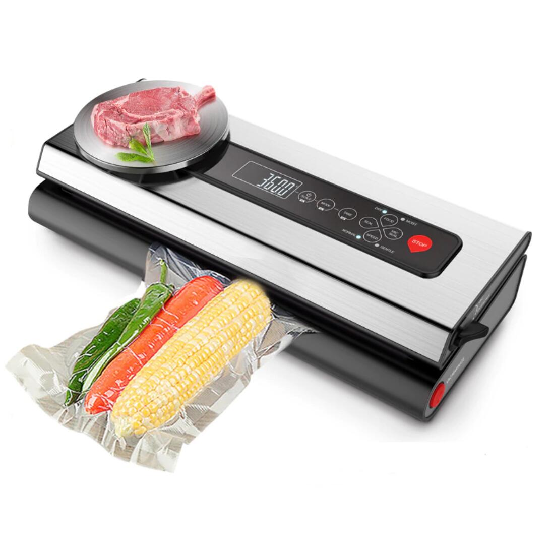 Záró- és vákuumozó gép, mérleggel, tartozékokkal, 120 W, -80 kPa, max 2 kg, 36,5x15x7,5 cm