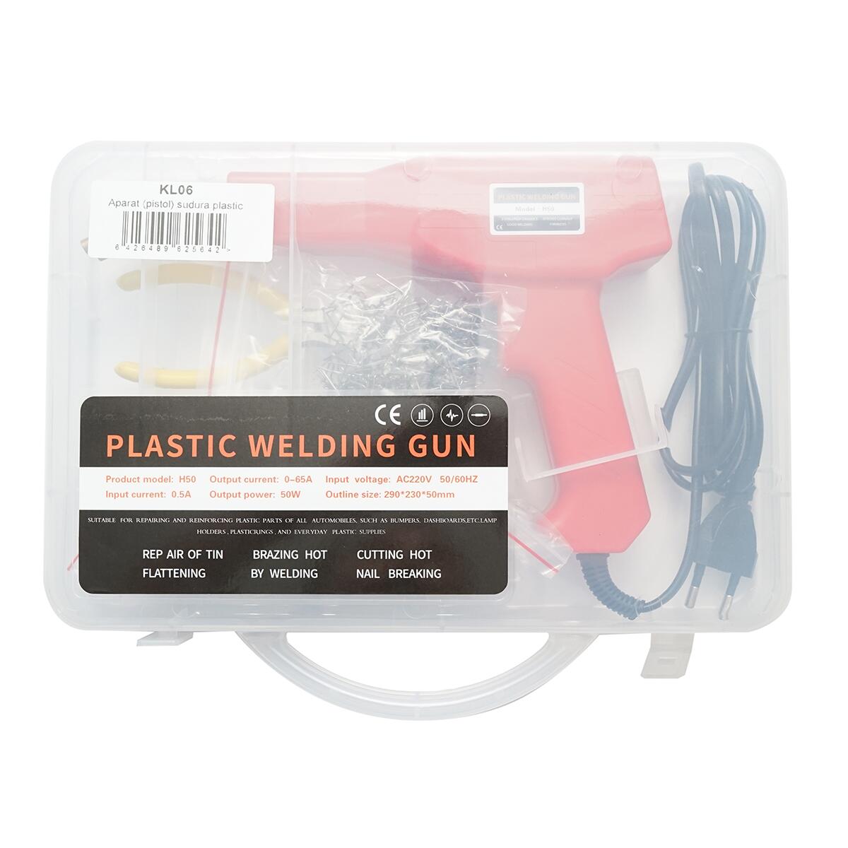 Aparat tip pistol de lipit/sudat plastic, cu trusa, capse si cleste, 50 W, Breckner Germany