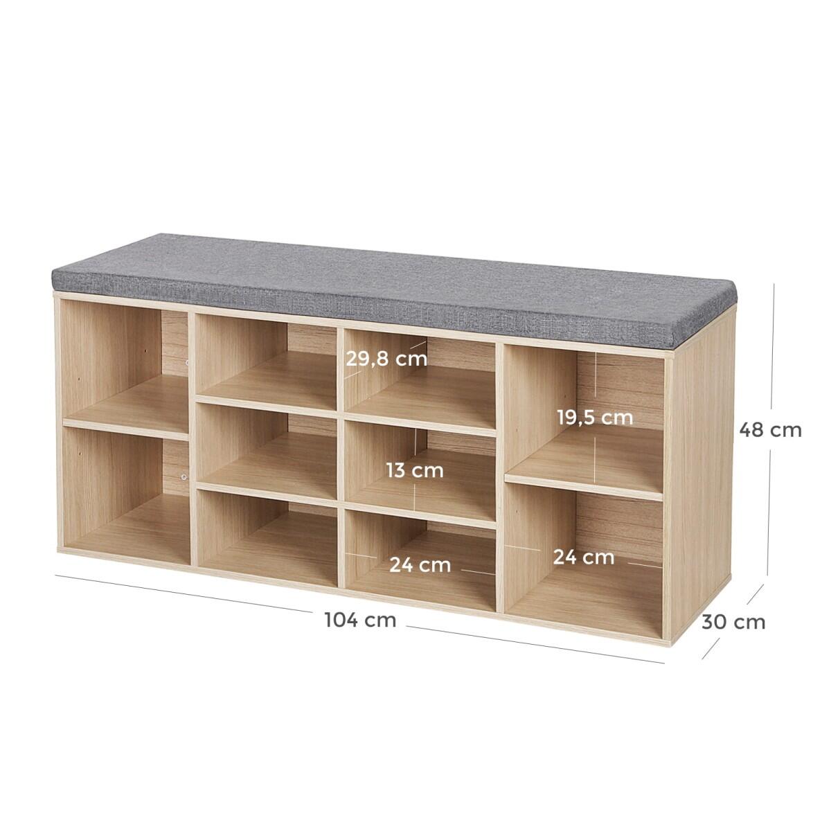 Banca depozitare incaltaminte, pantofar pentru hol, pal, 10 rafturi, stejar si gri, 104x30x48 cm
