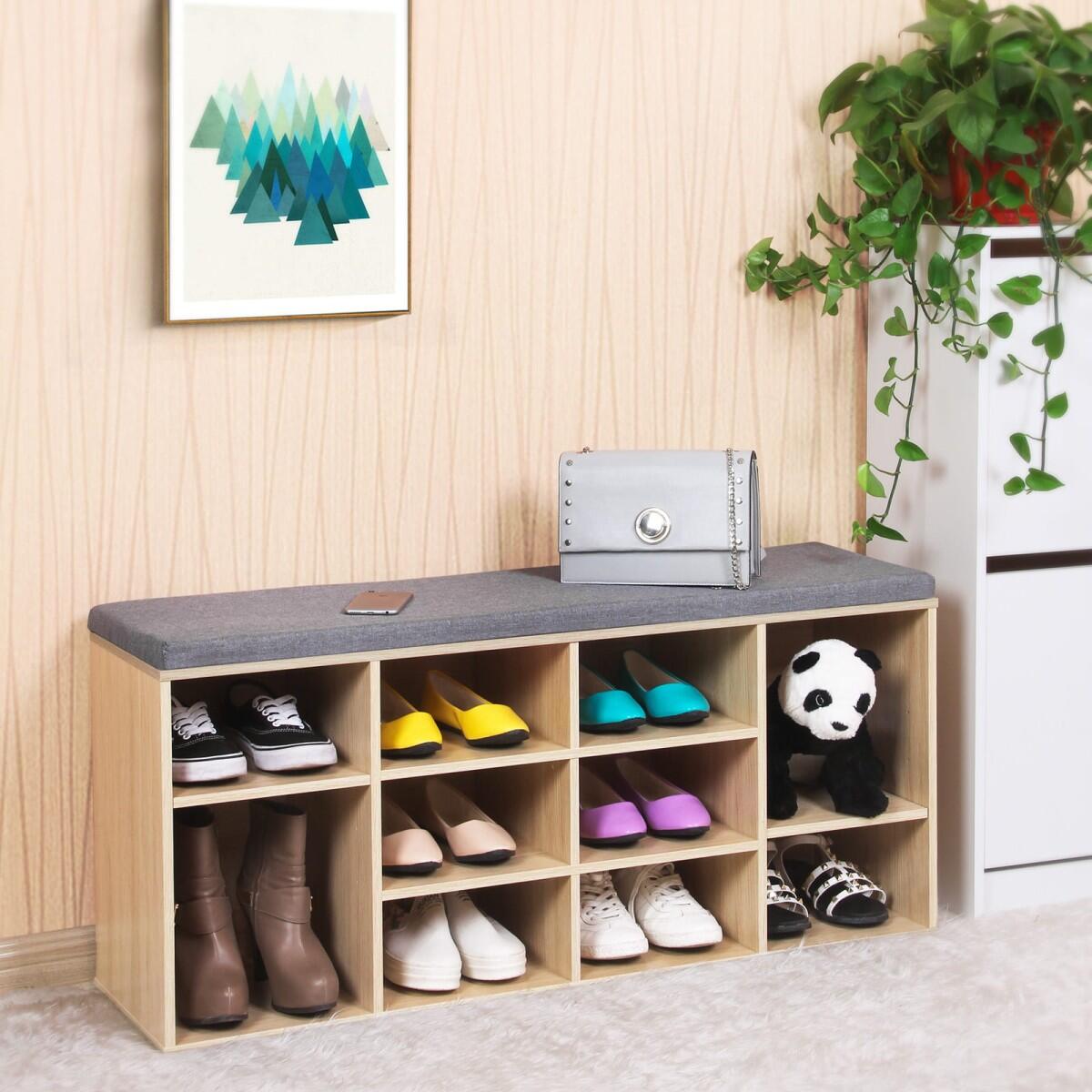 Banca depozitare incaltaminte, pantofar pentru hol, pal, 10 rafturi, stejar si gri, 104x30x48 cm