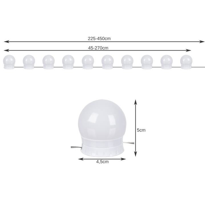 LED izzók tükörbe, fésülködőasztalba, sminkbe, vezérlőpanellel, 30 világítási mód, USB, 10 darabos készlet, Malatec