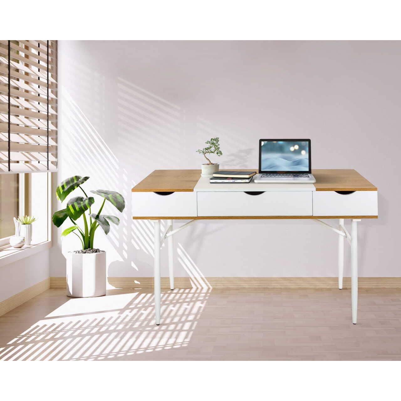 Számítógépasztal, Jumi, MDF lap, acél, fiókkal, belső rekeszekkel, fehér és natúr, 120x60x77 cm