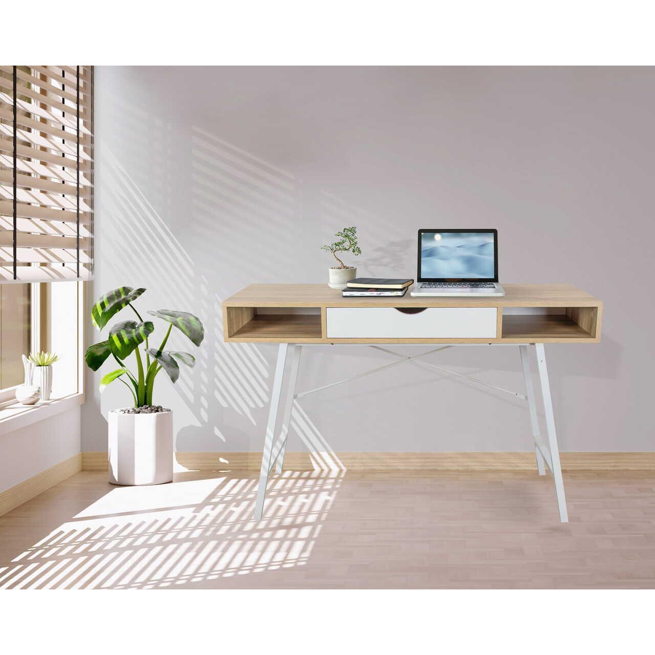 Számítógépasztal, Jumi, MDF lap, acél, fiókkal, oldalsó polcokkal, fehér és natúr, 120x48x76 cm