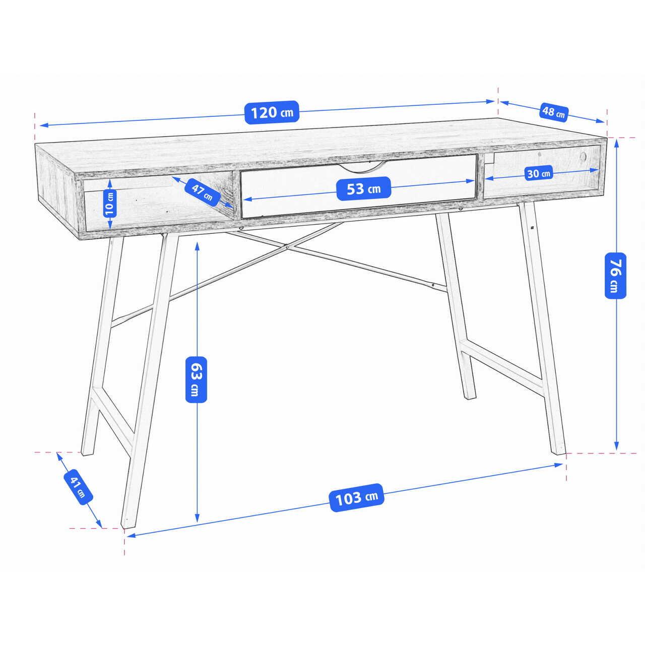 Birou calculator, Jumi, placa MDF, otel, cu sertar, rafturi laterale, alb si natur, 120x48x76 cm