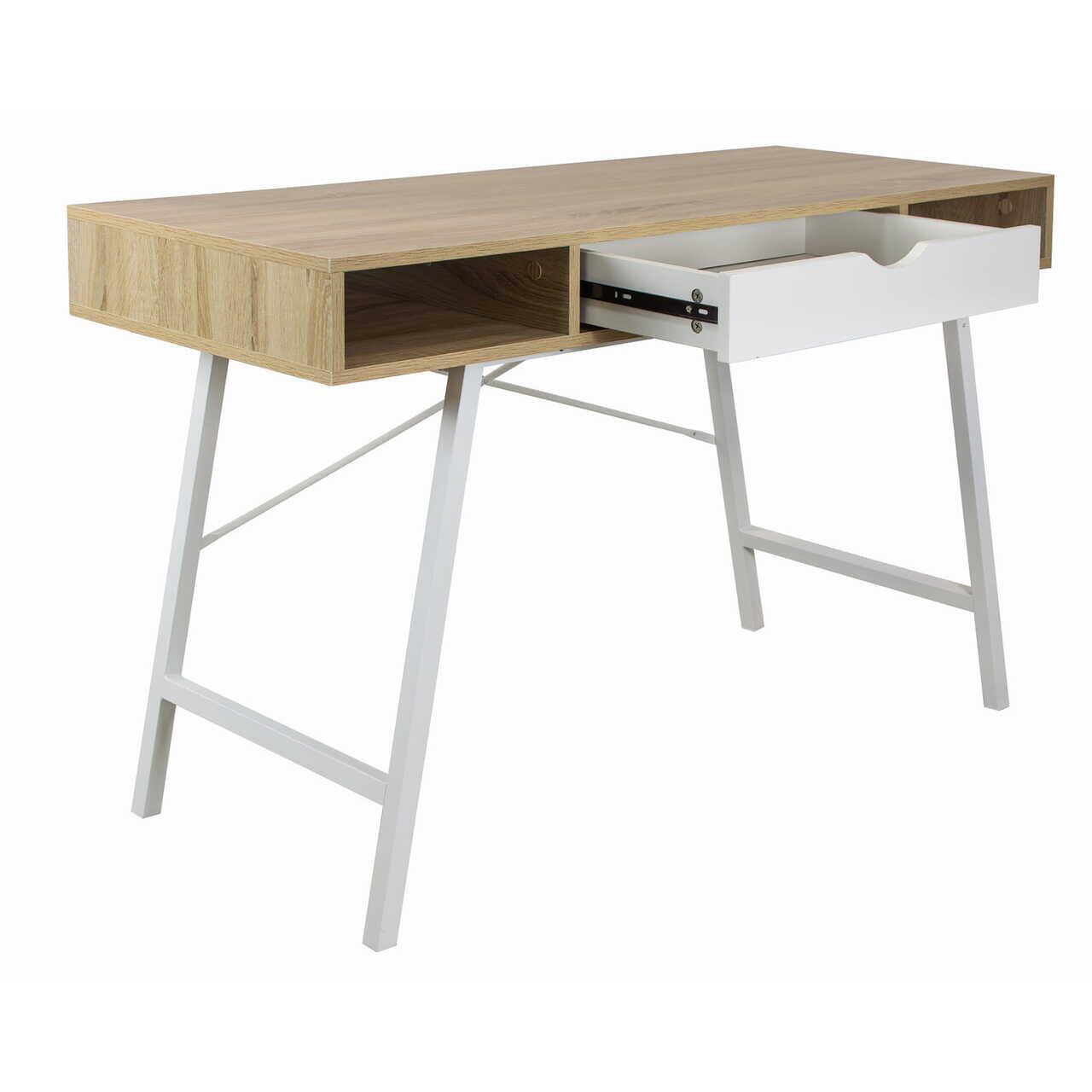 Számítógépasztal, Jumi, MDF lap, acél, fiókkal, oldalsó polcokkal, fehér és natúr, 120x48x76 cm