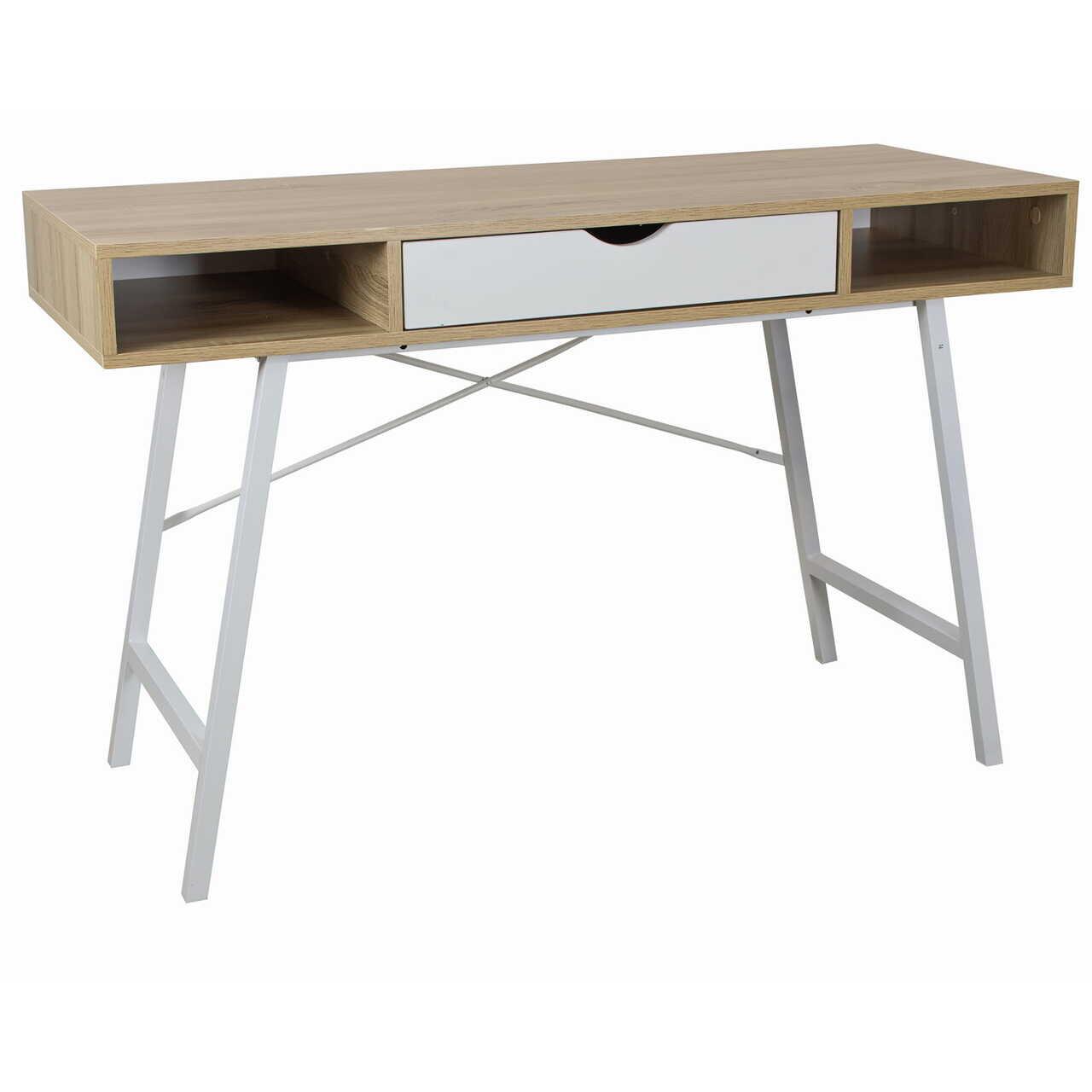Számítógépasztal, Jumi, MDF lap, acél, fiókkal, oldalsó polcokkal, fehér és natúr, 120x48x76 cm