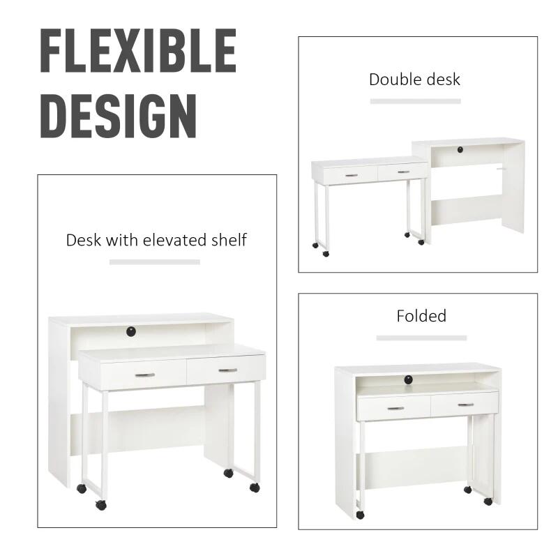 Birou calculator, convertibil, MDF si metal, cu 2 sertare, alb, max 45 kg, 100x36x88 cm