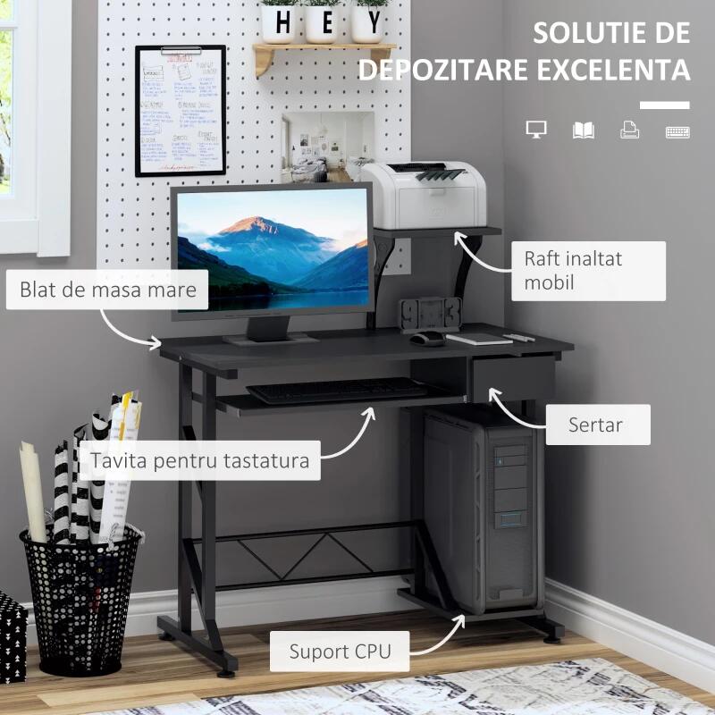 Birou calculator, otel, MDF, cu rafturi pentru accesorii si tastatura, negru, max 100 kg, 90x50x95 cm